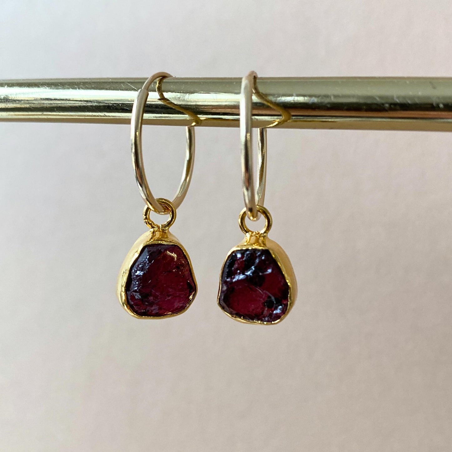 Garnet Carved Hoop Earrings| Protection (Gold Fill)