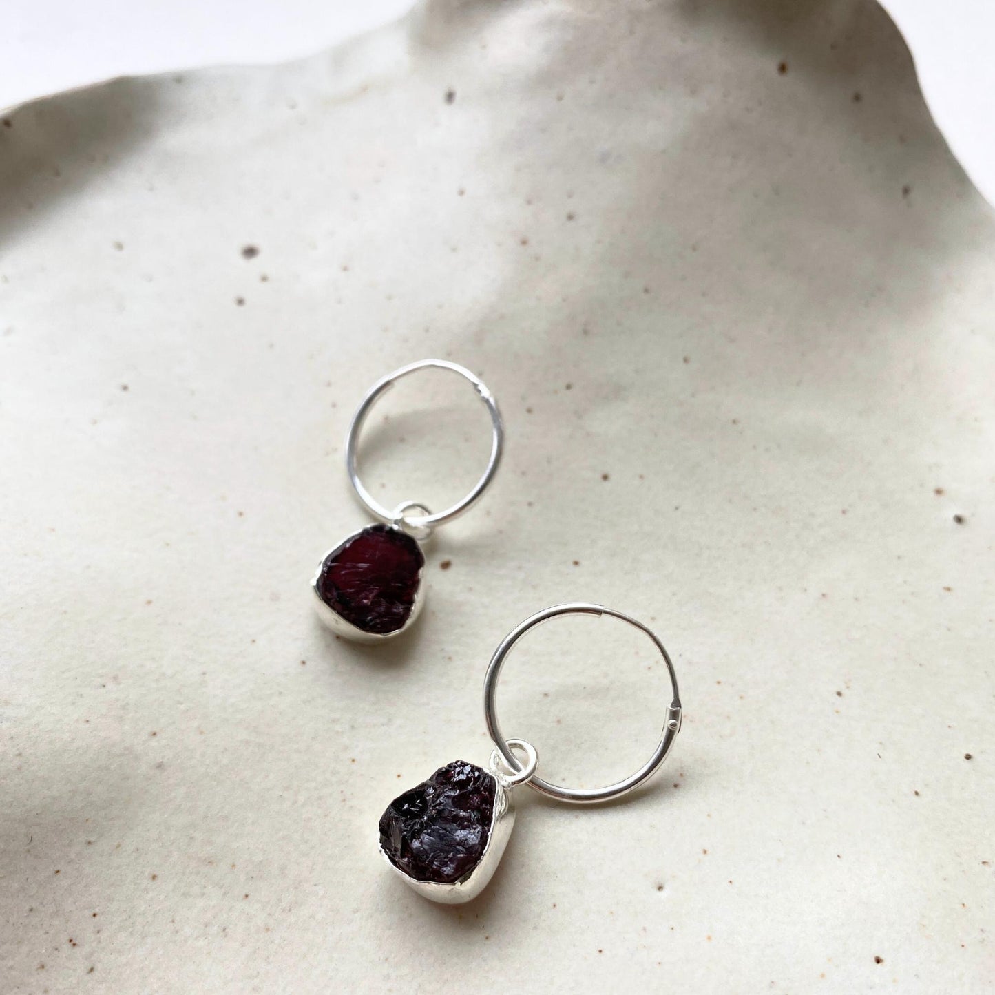 Garnet Carved Hoop Earrings| Protection (Sterling Silver)