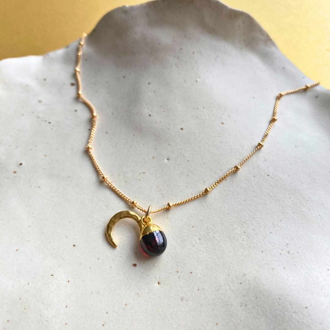 CHOOSE YOUR OWN | Tumbled Gemstone & Moon Necklace (Gold Plated)