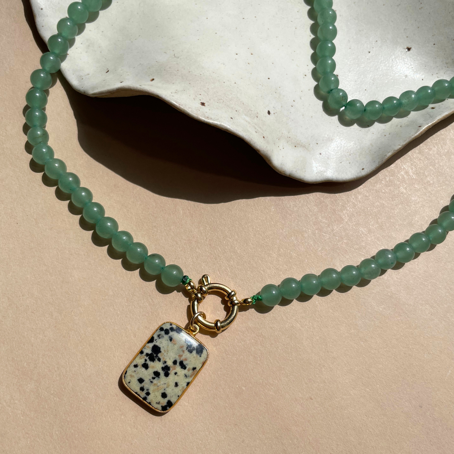 Green Aventurine Strand Necklace with Dalmatian Gem Slice (Gold)