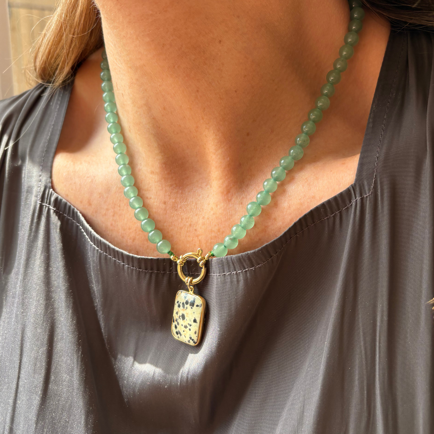Green Aventurine Strand Necklace with Dalmatian Gem Slice (Gold)