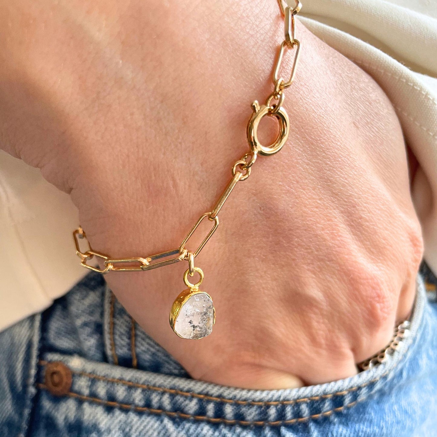 Herkimer Diamond Carved Chunky Chain Bracelet | Strength (Gold Plated)