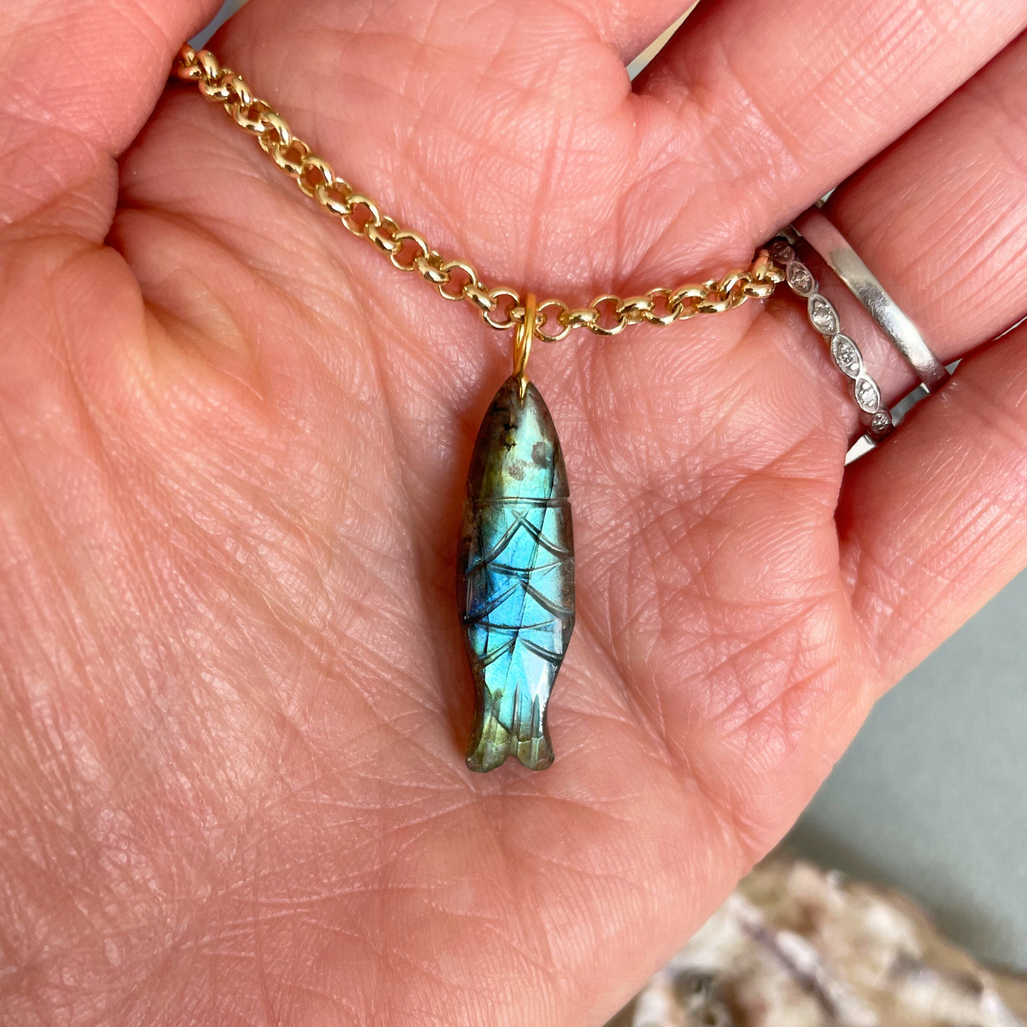 Labradorite Fish Gemstone Necklace Belcher Chain  (Gold Plated)