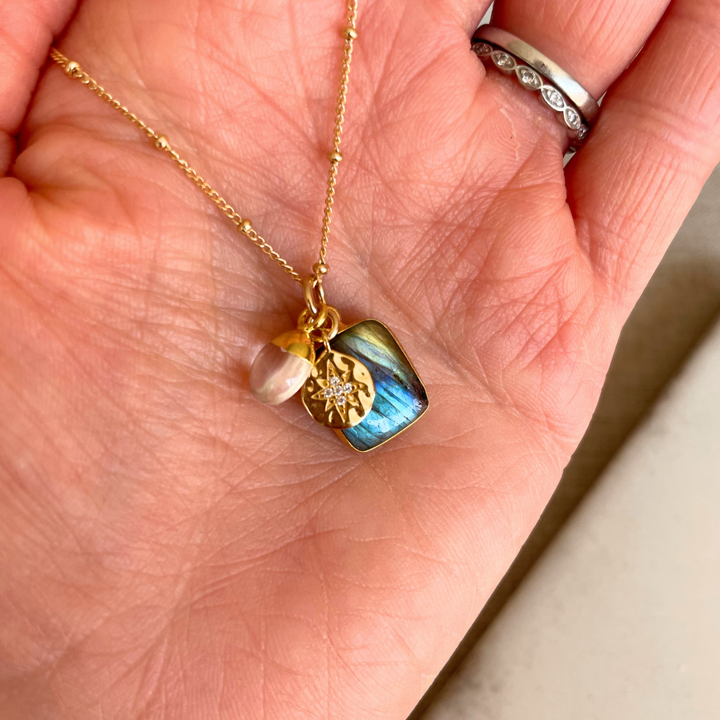 Special Edition Labradorite & Quartz Gem Slice Triple Necklace (Gold Plated or Silver)