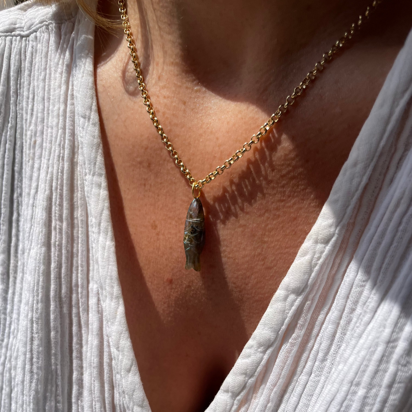 Labradorite Fish Gemstone Necklace Belcher Chain  (Gold Plated)