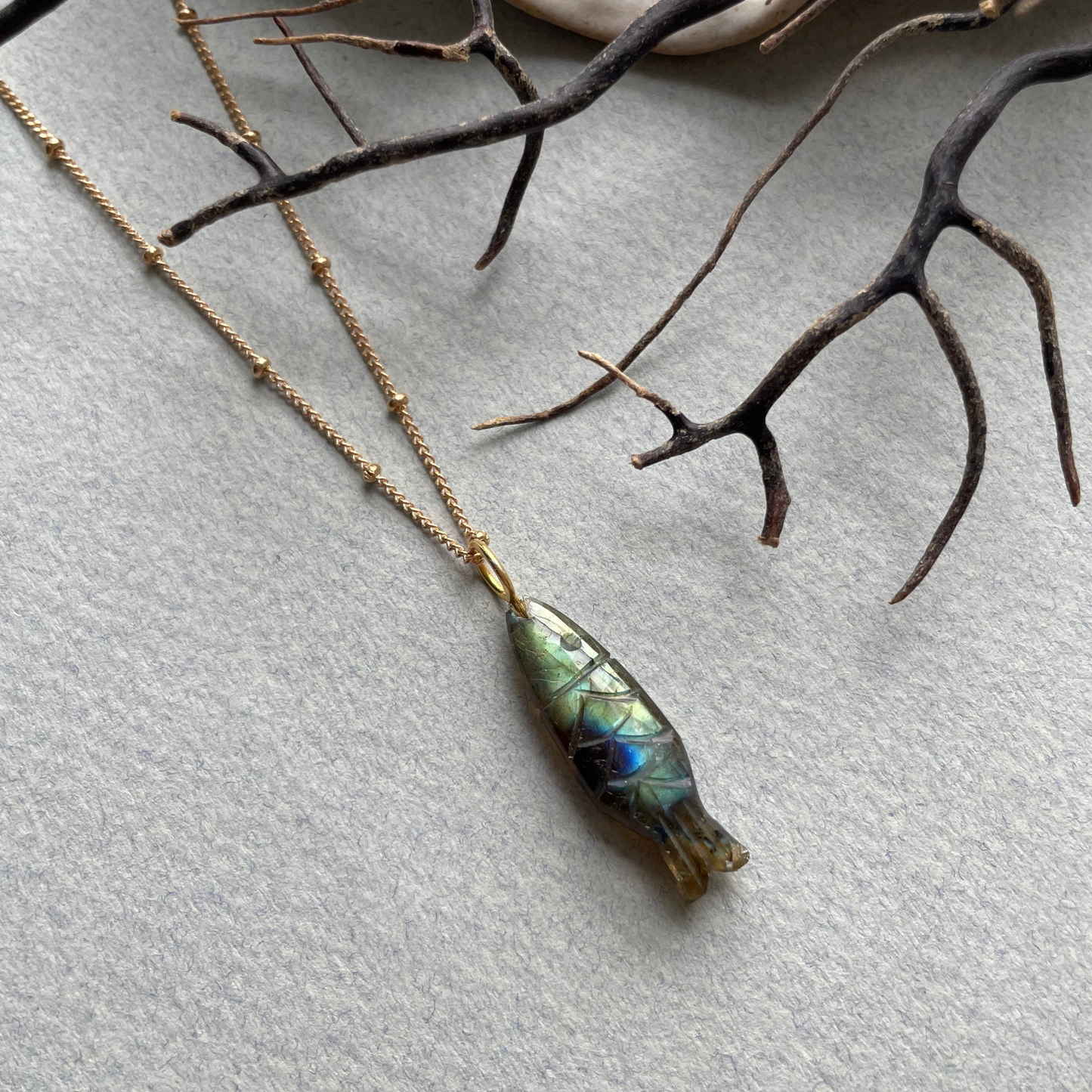 Labradorite Fish Gemstone Necklace Satellite Chain (Gold Plated)