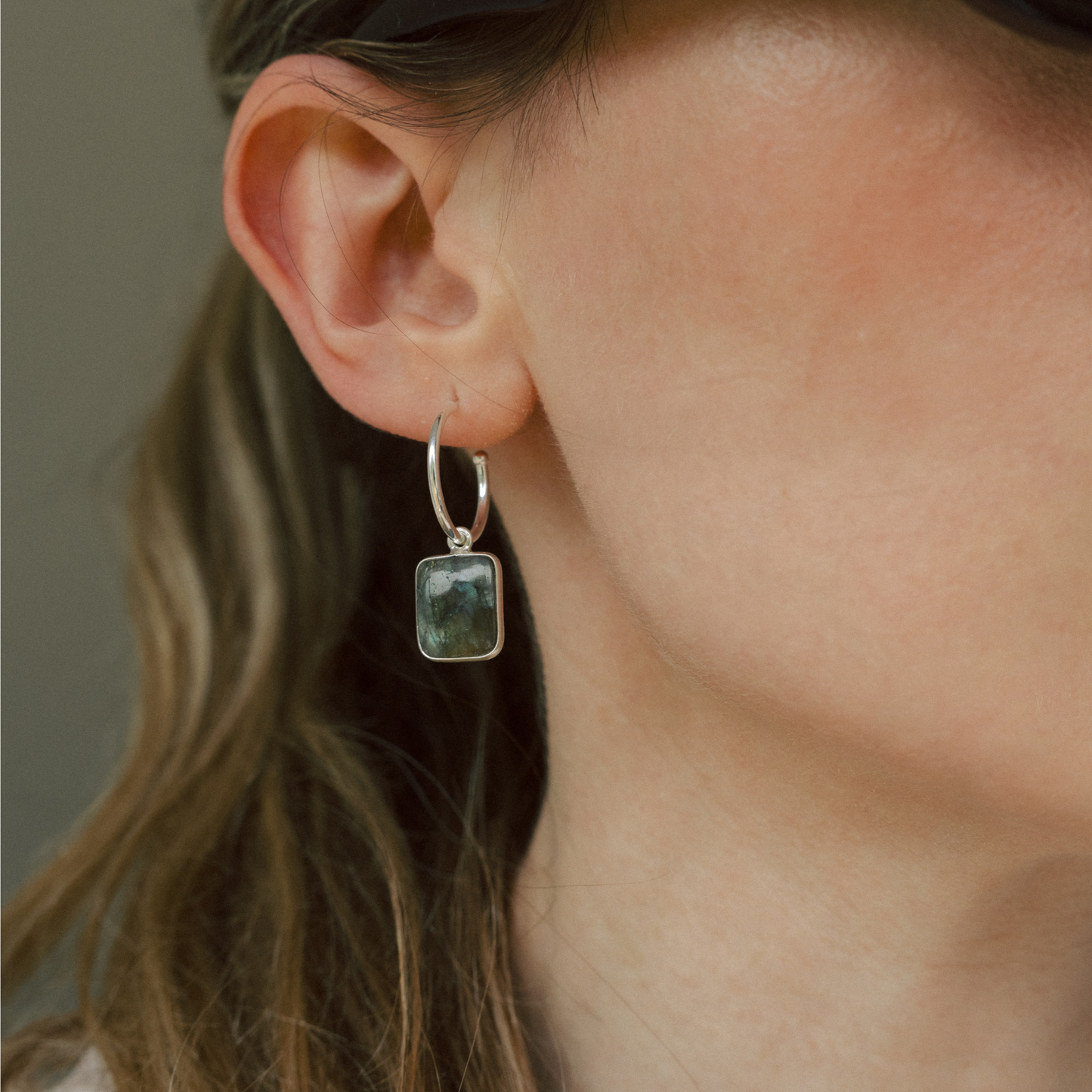 Labradorite Gem Slice Hoop Earrings | Adventure (Silver)