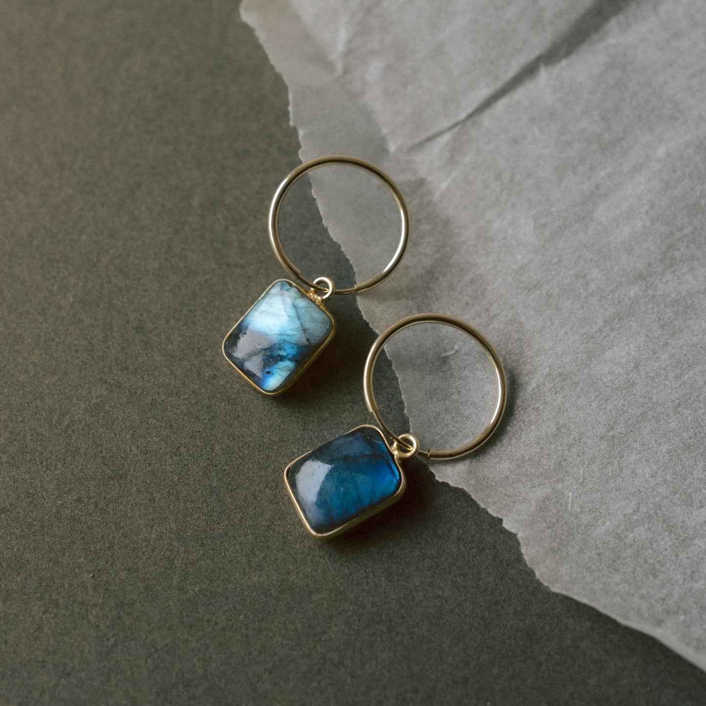 Labradorite Gem Slice Hoop Earrings | Adventure (Gold Fill)