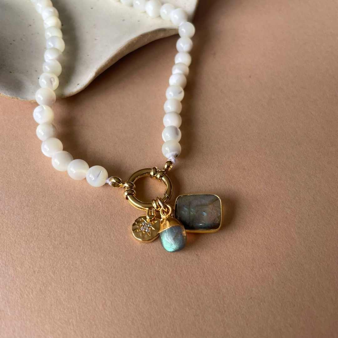 Labradorite Gem Slice Triple Pearl Strand Necklace | Adventure