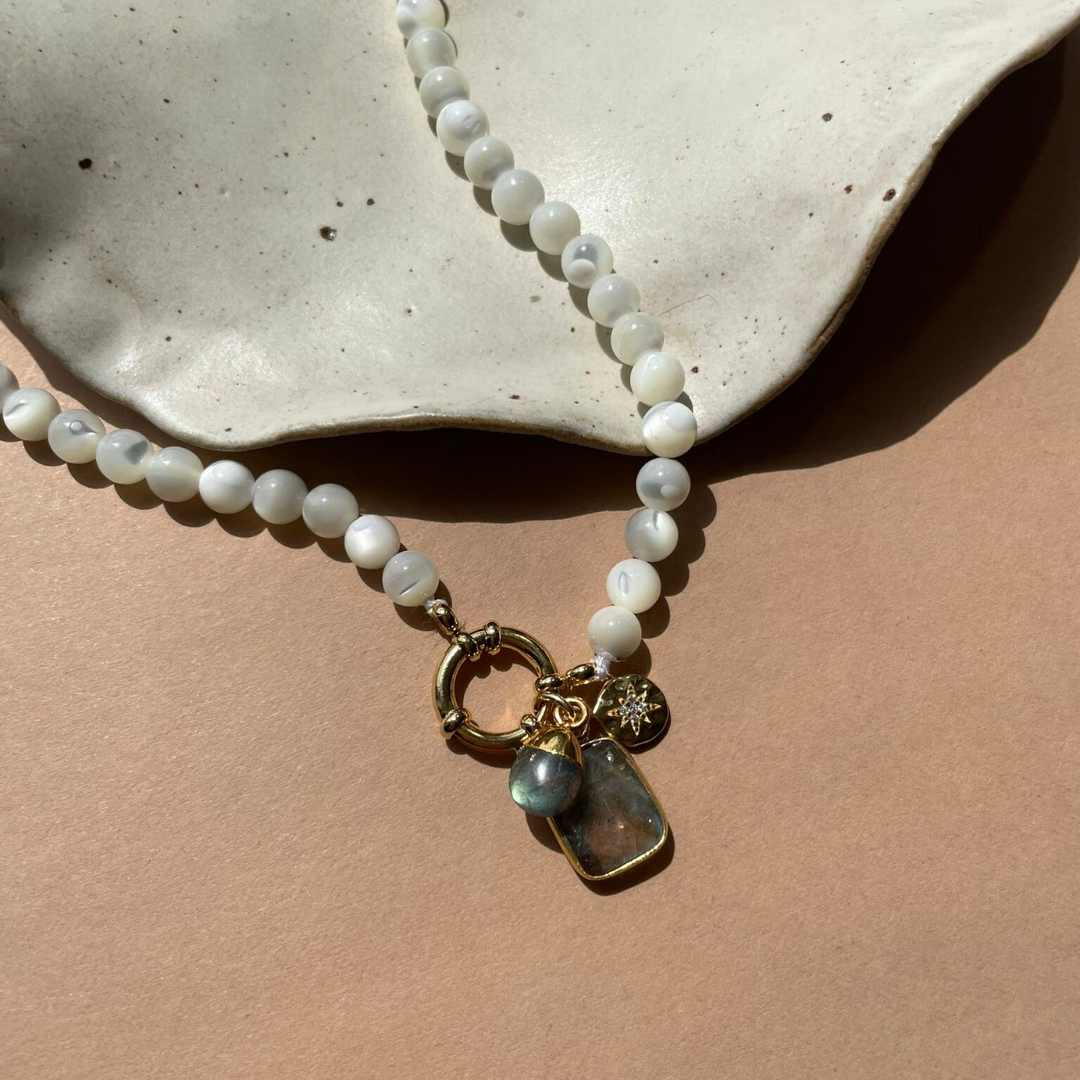 Labradorite Gem Slice Triple Pearl Strand Necklace | Adventure