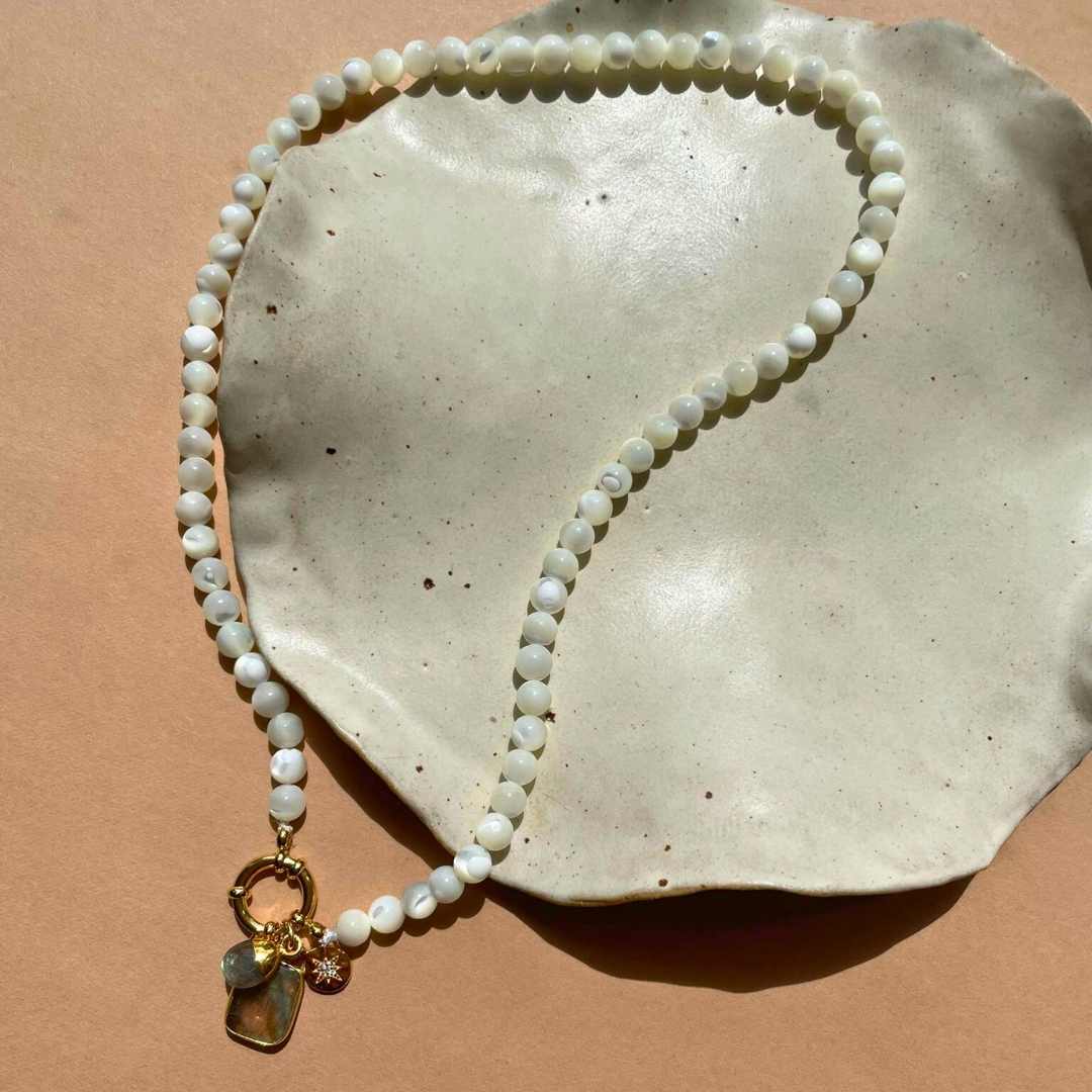 Labradorite Gem Slice Triple Pearl Strand Necklace | Adventure