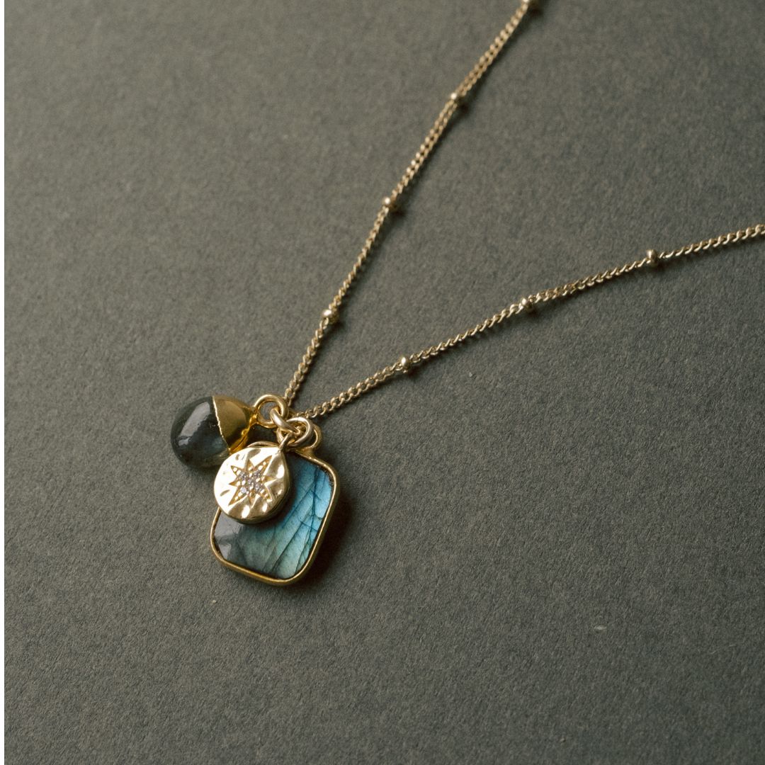 Labradorite Gem Slice Triple Charm Necklace (Gold Plated)