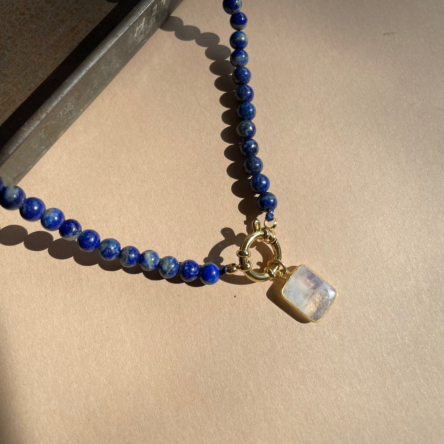 Lapis Lazuli Strand Necklace with Moonstone Gem Slice (Gold)