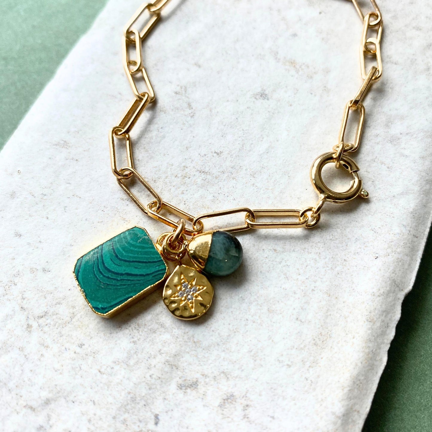 Malachite Gem Slice Triple Chunky Chain Bracelet | Joy (Gold Plated)