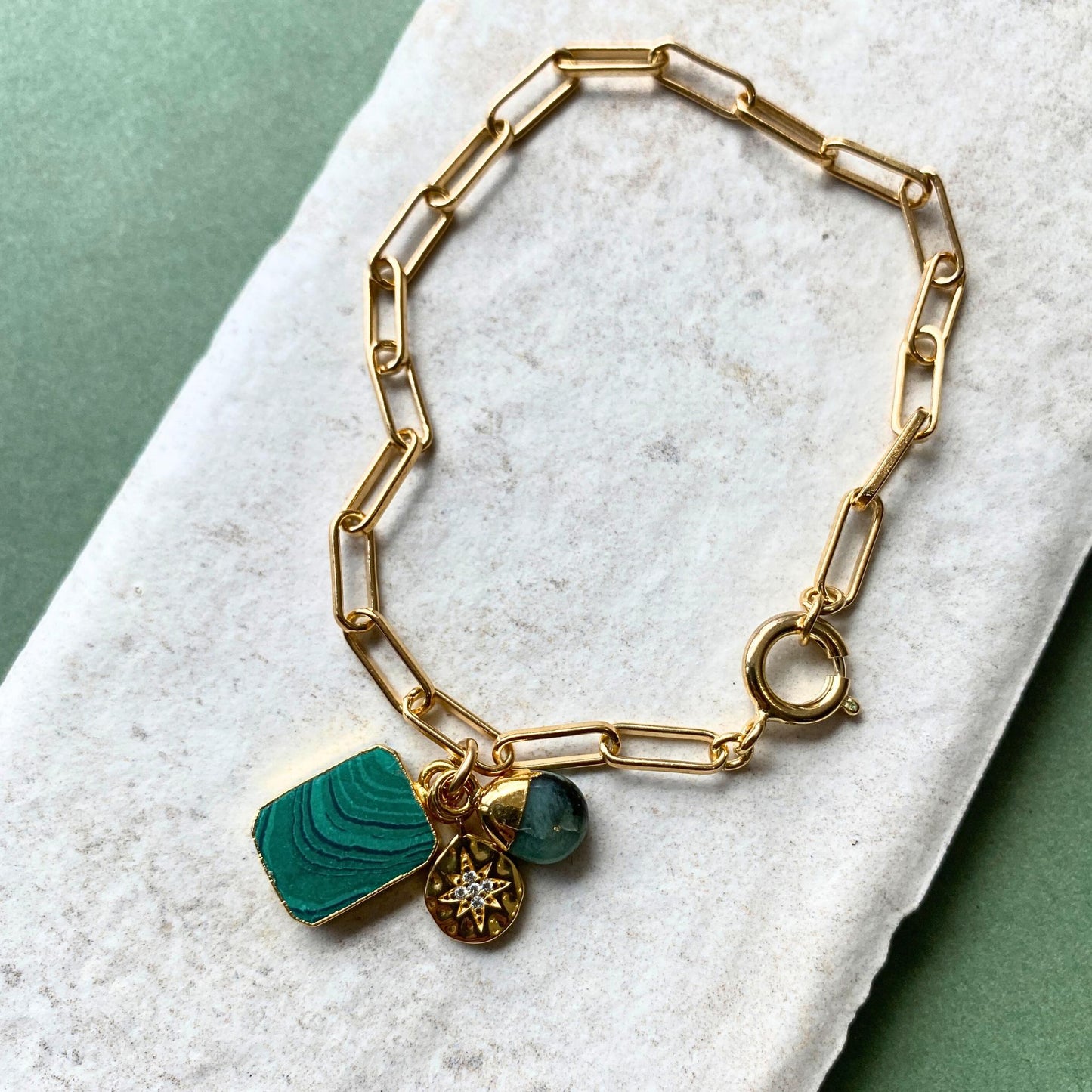 Malachite Gem Slice Triple Chunky Chain Bracelet | Joy (Gold Plated)