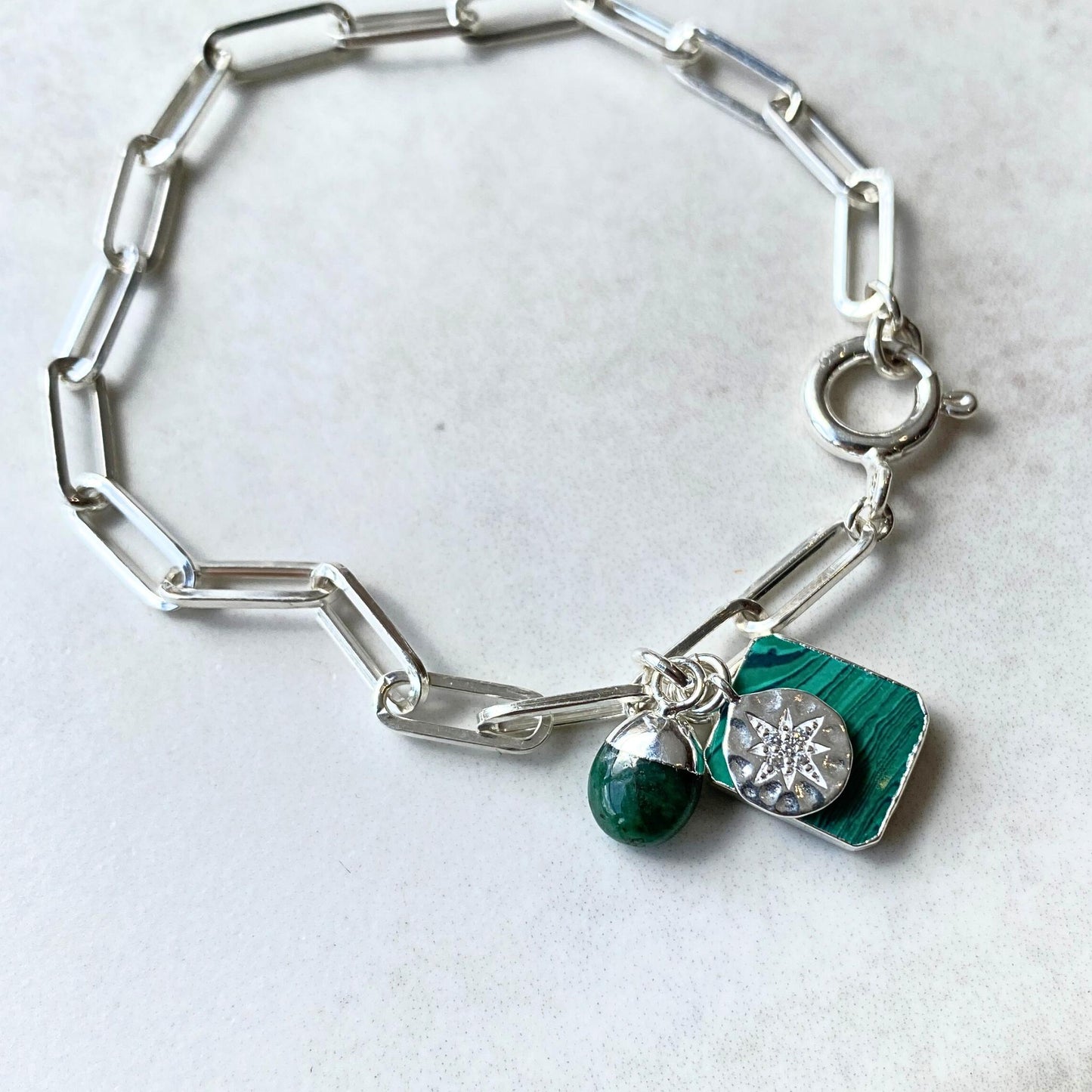 Malachite Gem Slice Triple Chunky Chain Bracelet | Joy (Silver)