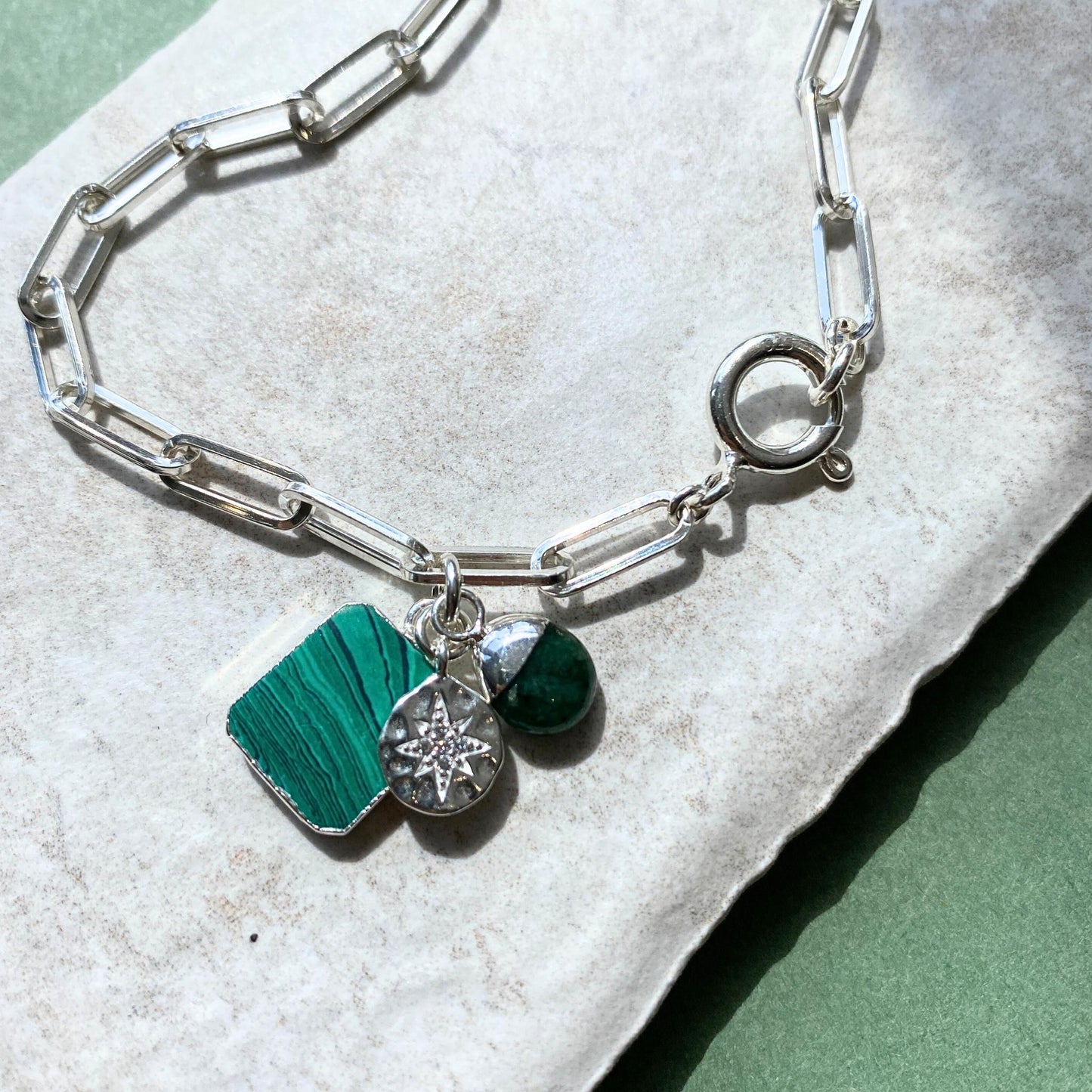 Malachite Gem Slice Triple Chunky Chain Bracelet | Joy (Silver)