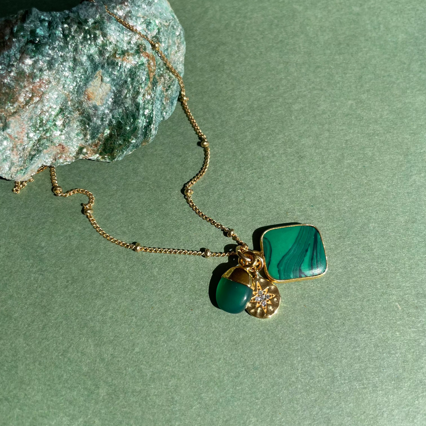 Malachite Gem Slice Triple Necklace | Joy (Gold Plated)