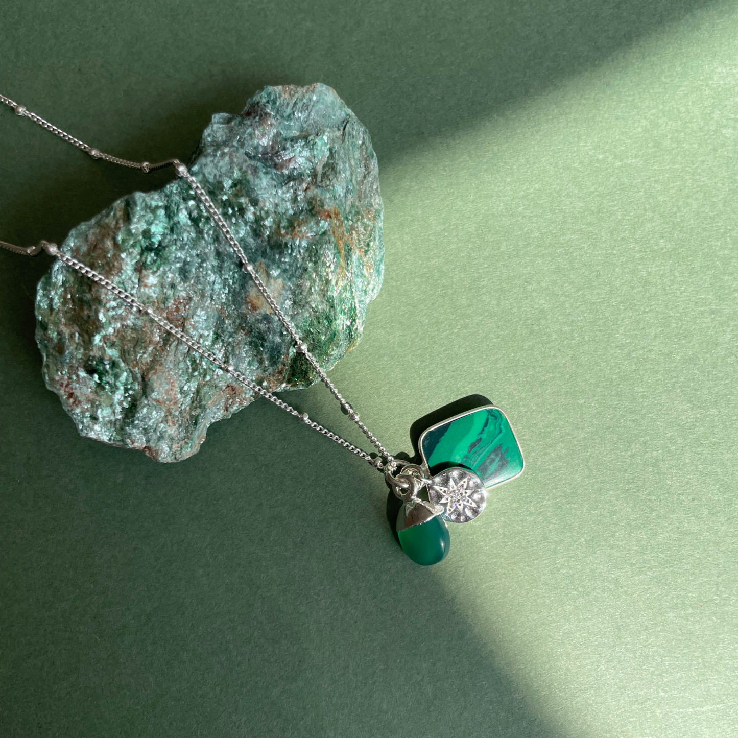 Malachite Gem Slice Triple Necklace | Joy (Silver)