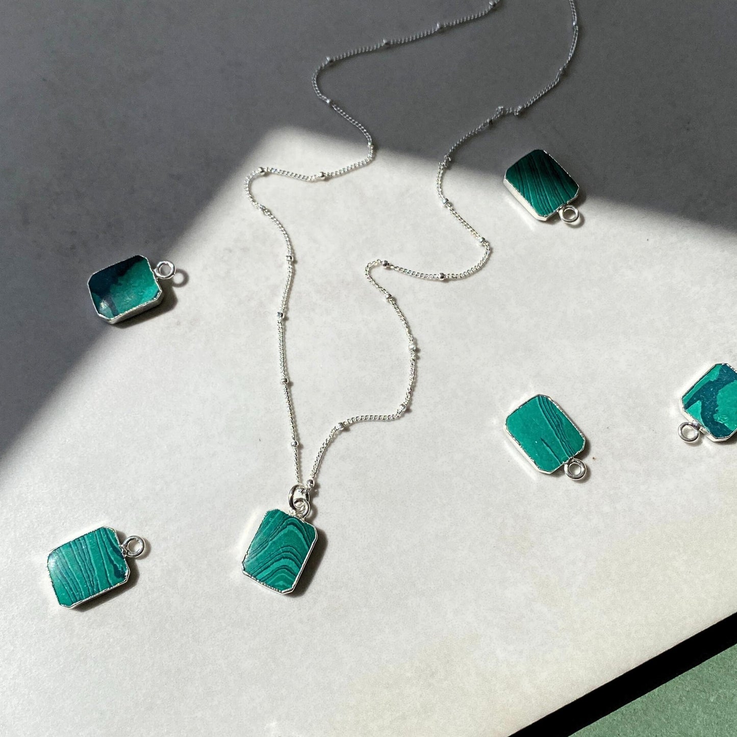 Malachite Gem Slice Necklace | Joy (Silver)