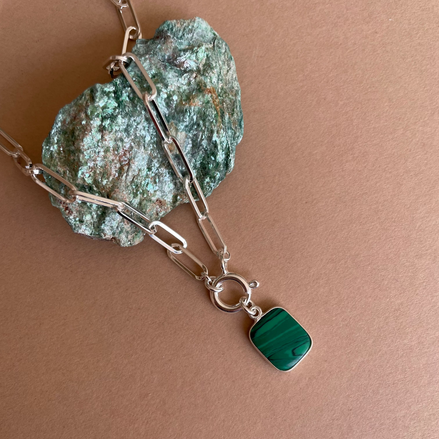 Malachite Gem Slice Chunky Chain Necklace | Joy (Silver)