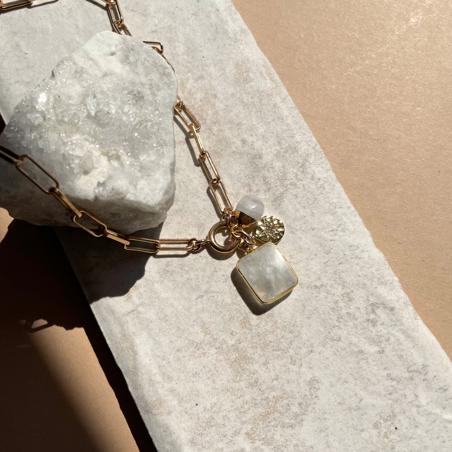 Moonstone Gem Slice Triple Chunky Chain Necklace | Intuition (Gold Plated)