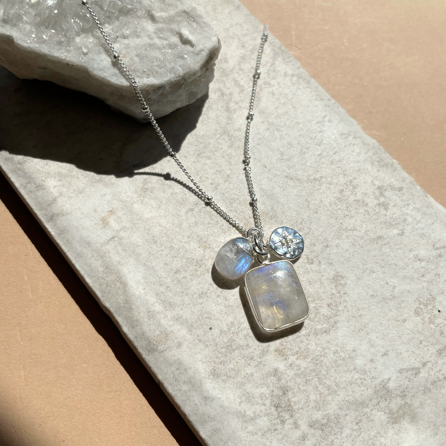 Moonstone Gem Slice Triple Necklace | Intuition (Silver)