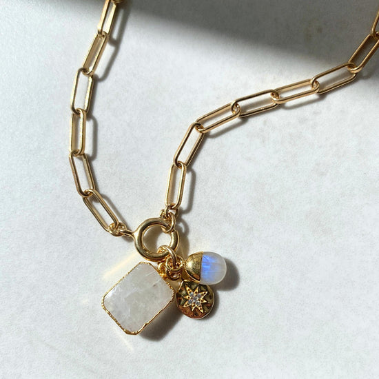 Moonstone Gem Slice Triple Chunky Chain Necklace | Intuition (Gold Plated)