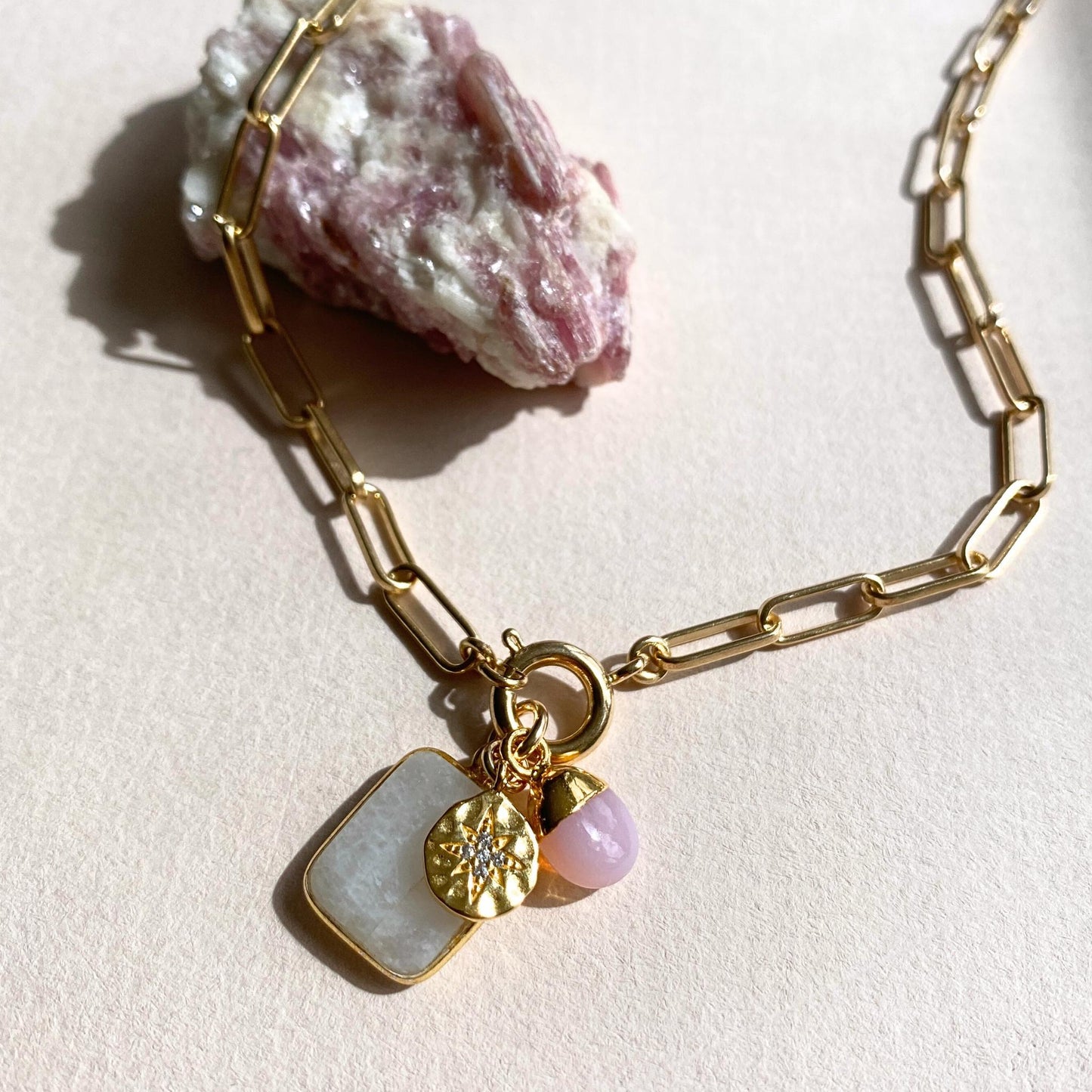 Moonstone & Pink Opal Gem Slice Triple Chunky Chain Necklace (Gold Plated)