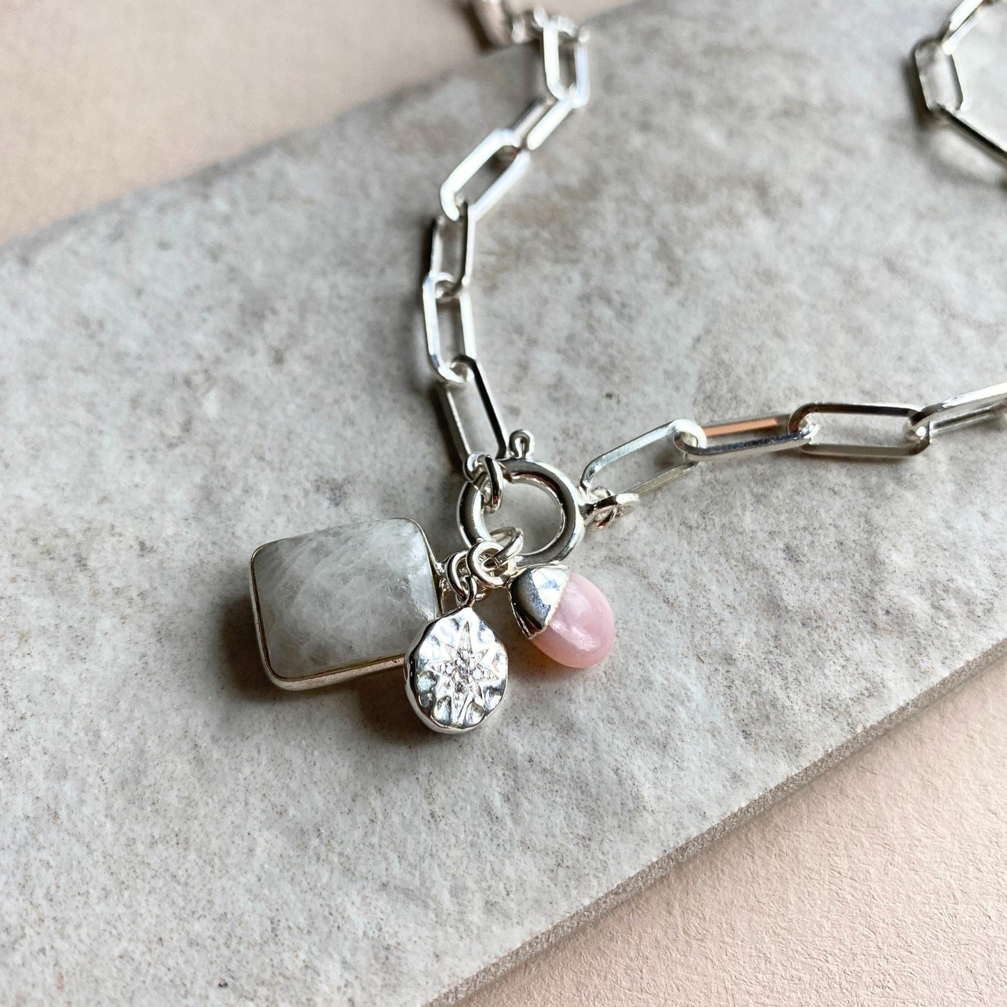 Moonstone & Pink Opal Gem Slice Triple Chunky Chain Necklace (Silver)