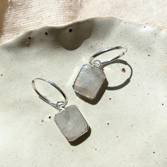 Moonstone Gem Slice Hoop Earrings | Intuition (Silver)