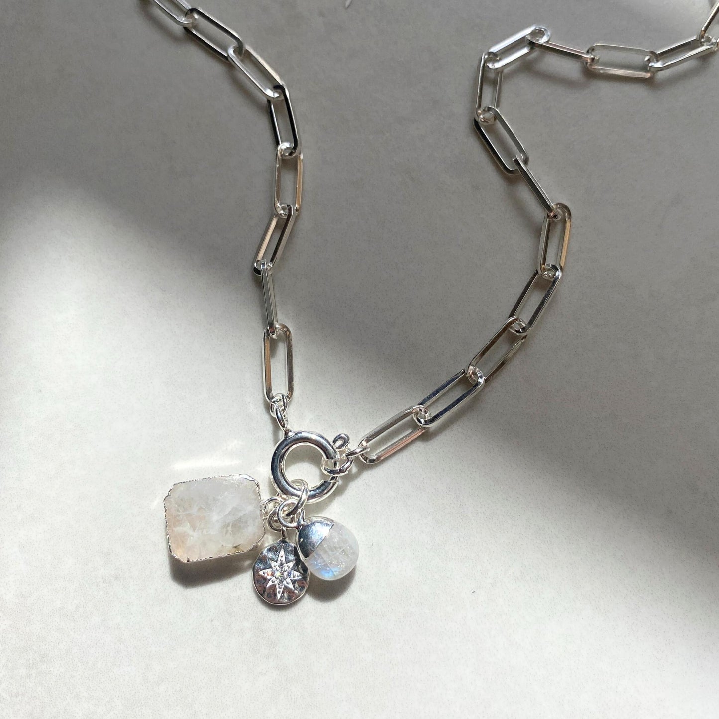 Moonstone Gem Slice Triple Chunky Chain Necklace | Intuition (Silver)