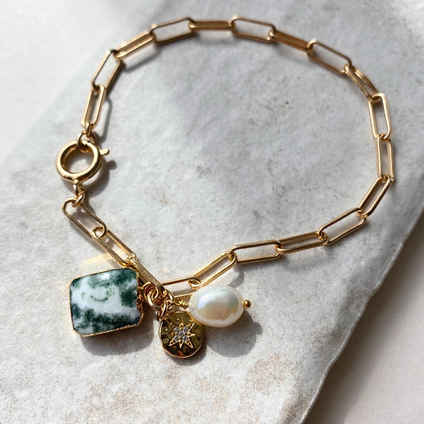 Moss Agate Gem Slice Triple Chunky Chain Bracelet | New Beginnings (Gold Plated)