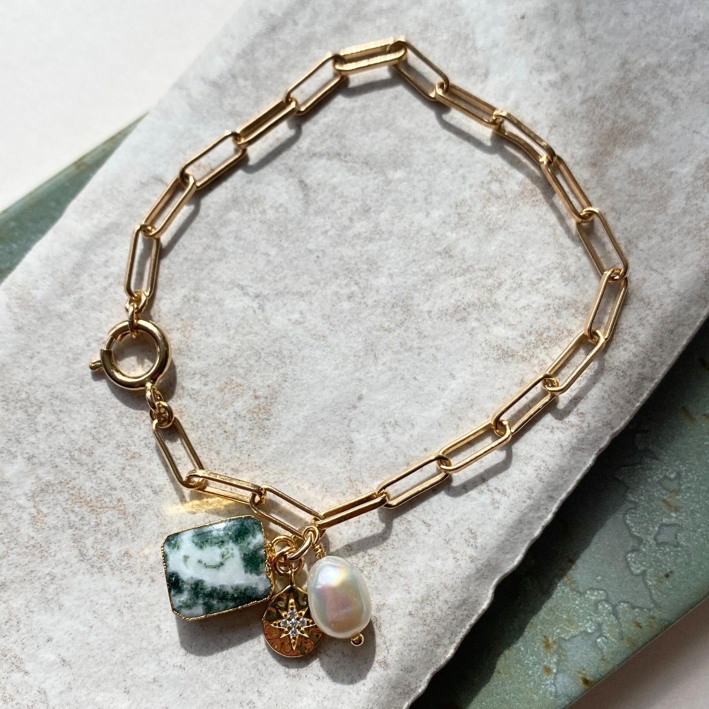 Moss Agate Gem Slice Triple Chunky Chain Bracelet | New Beginnings (Gold Plated)