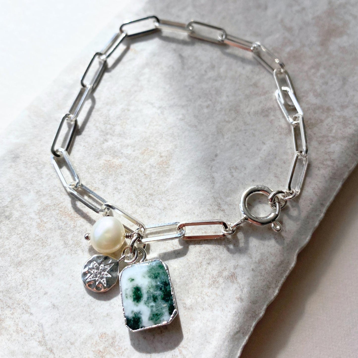 Moss Agate Gem Slice Triple Chunky Chain Bracelet | New Beginnings (Silver)