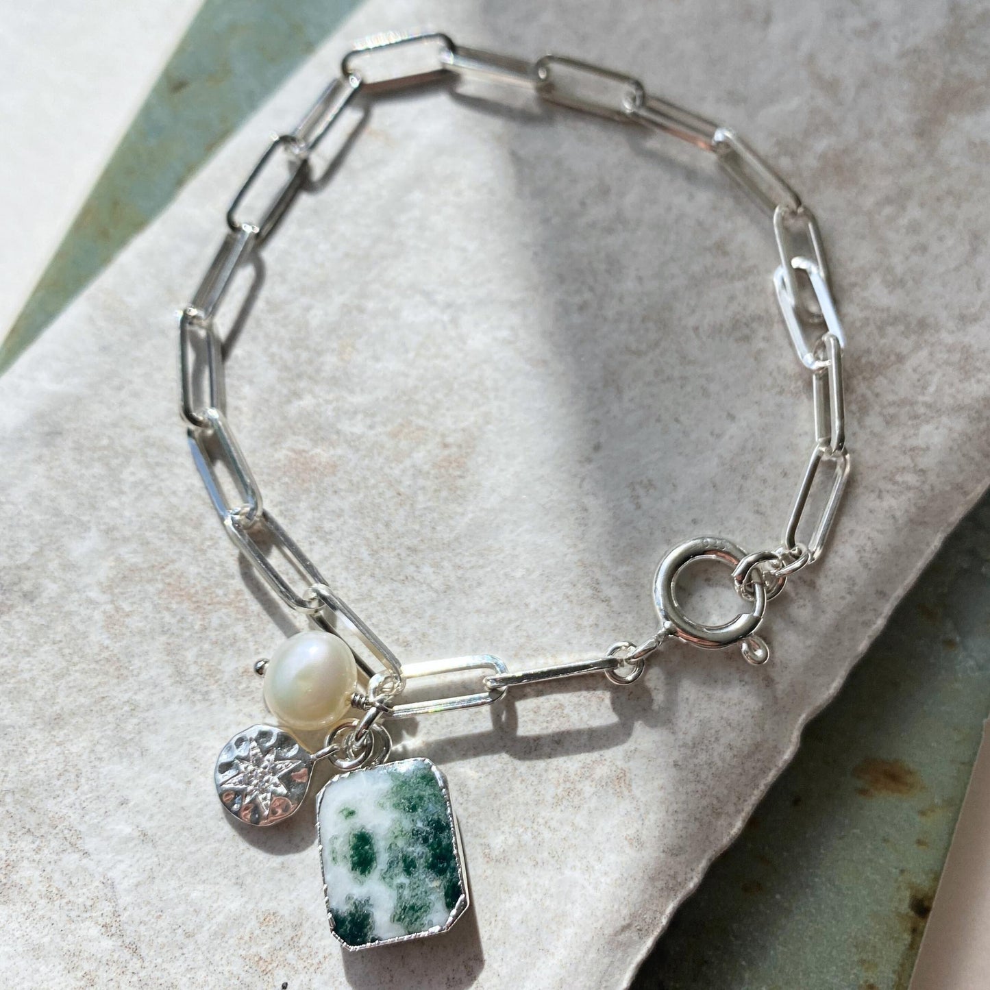 Moss Agate Gem Slice Triple Chunky Chain Bracelet | New Beginnings (Silver)