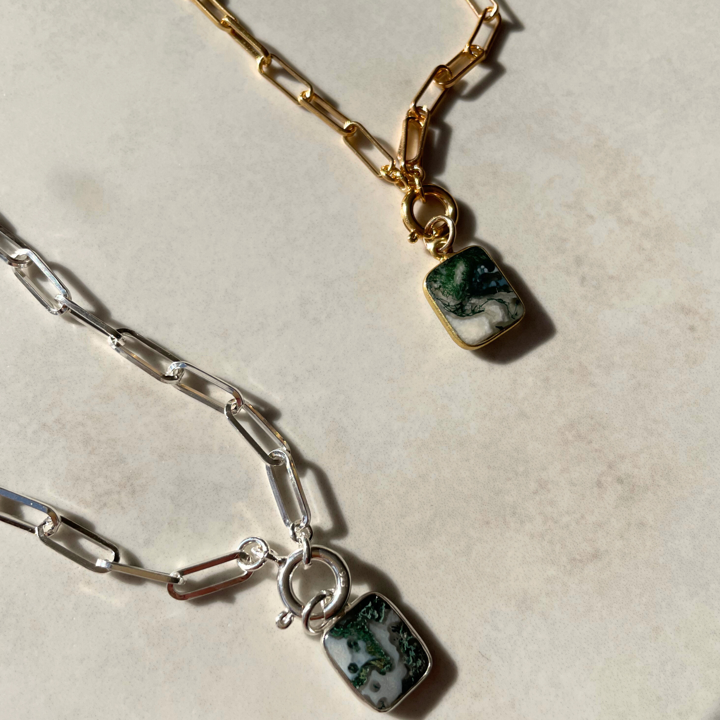 Moss Agate Gem Slice Chunky Chain Necklace | New Beginnings (Gold Plated)