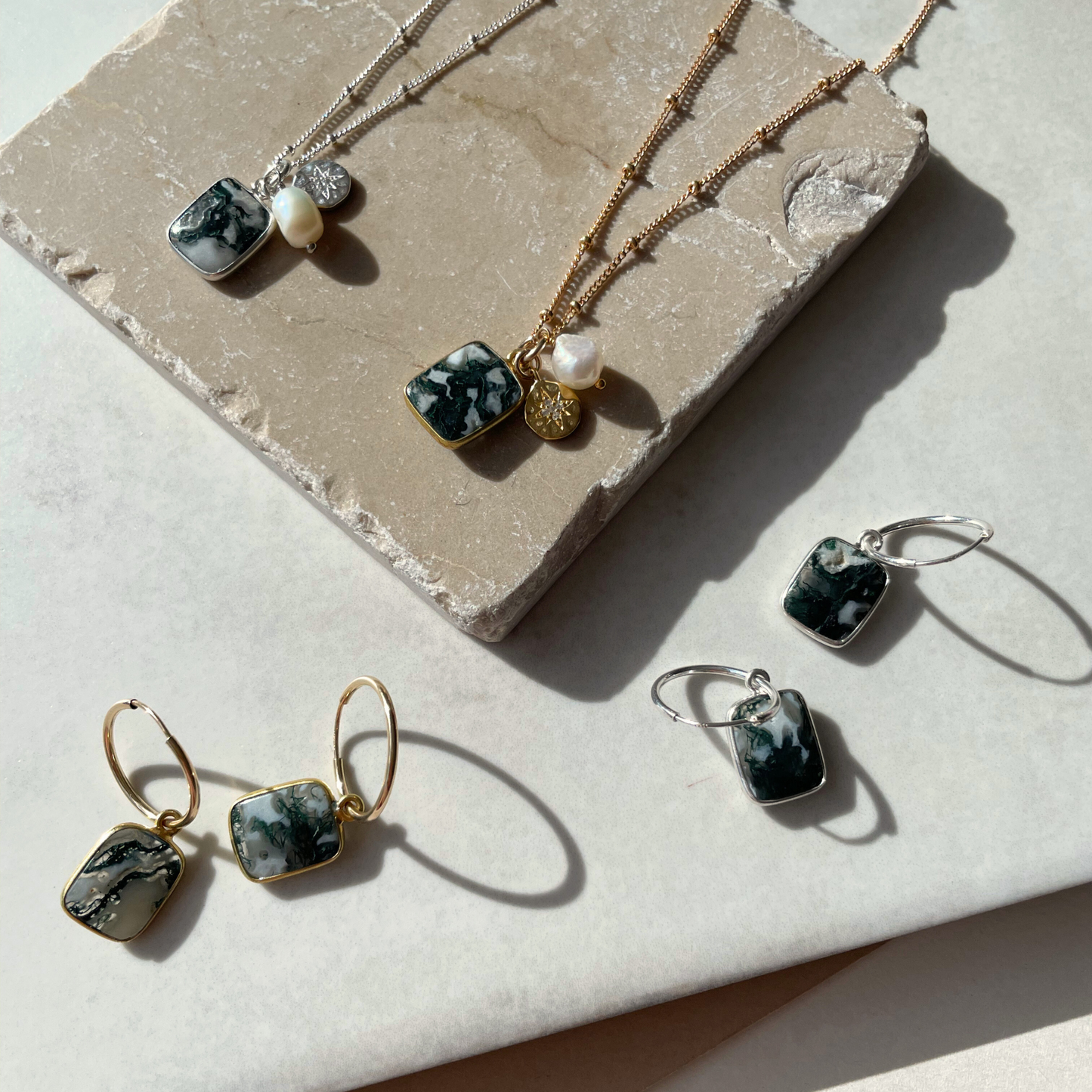 Moss Agate Gem Slice Hoop Earrings | New Beginnings (Silver)