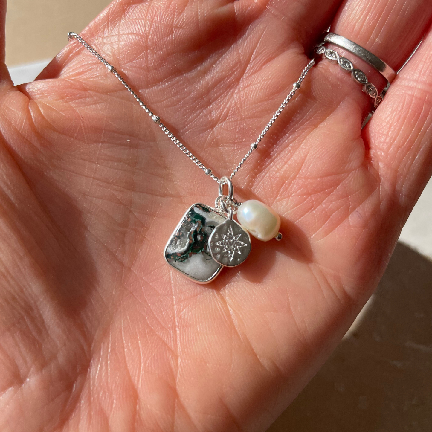 Moss Agate Gem Slice Triple Necklace | New Beginnings (Silver)