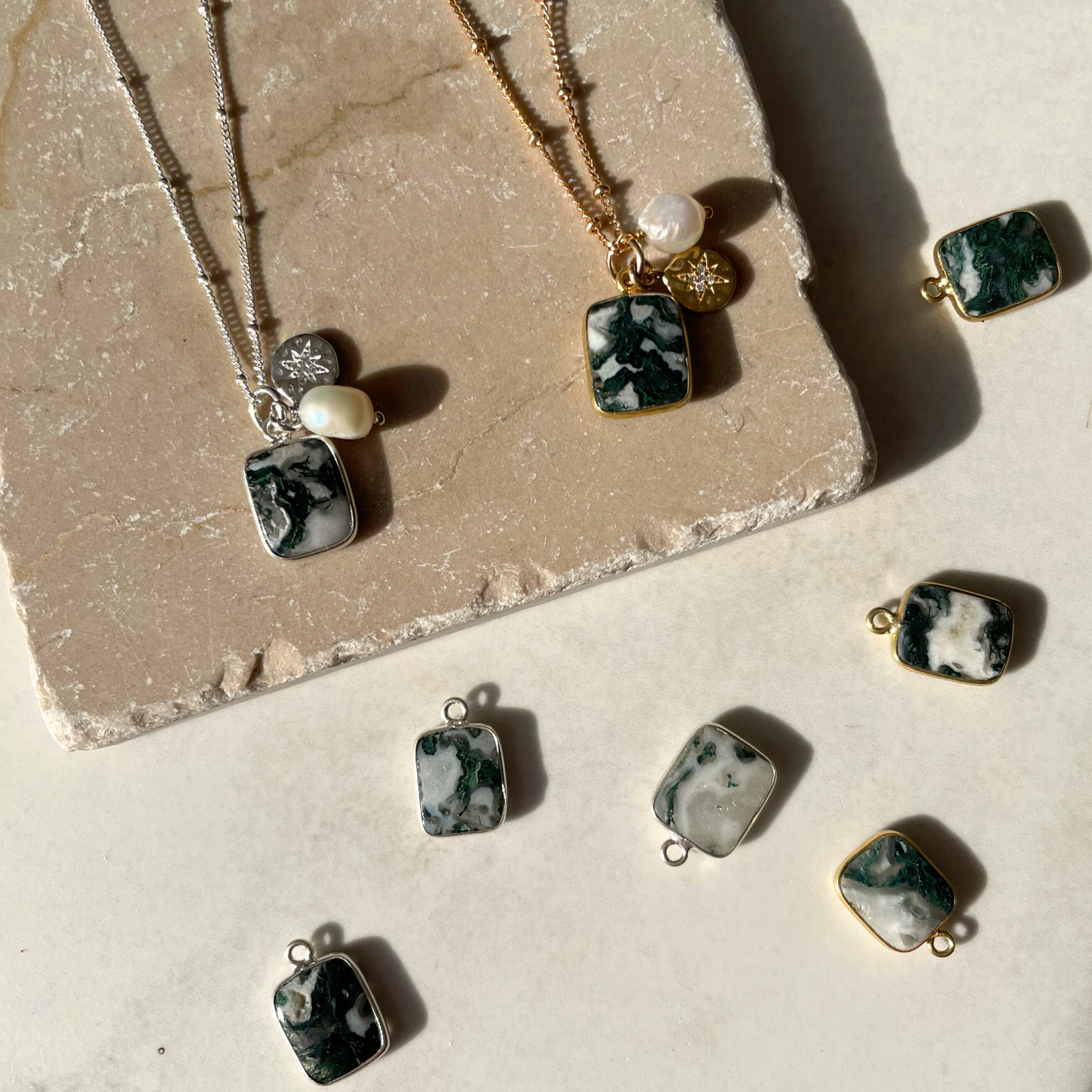 Moss Agate Gem Slice Triple Necklace | New Beginnings (Gold Plated)