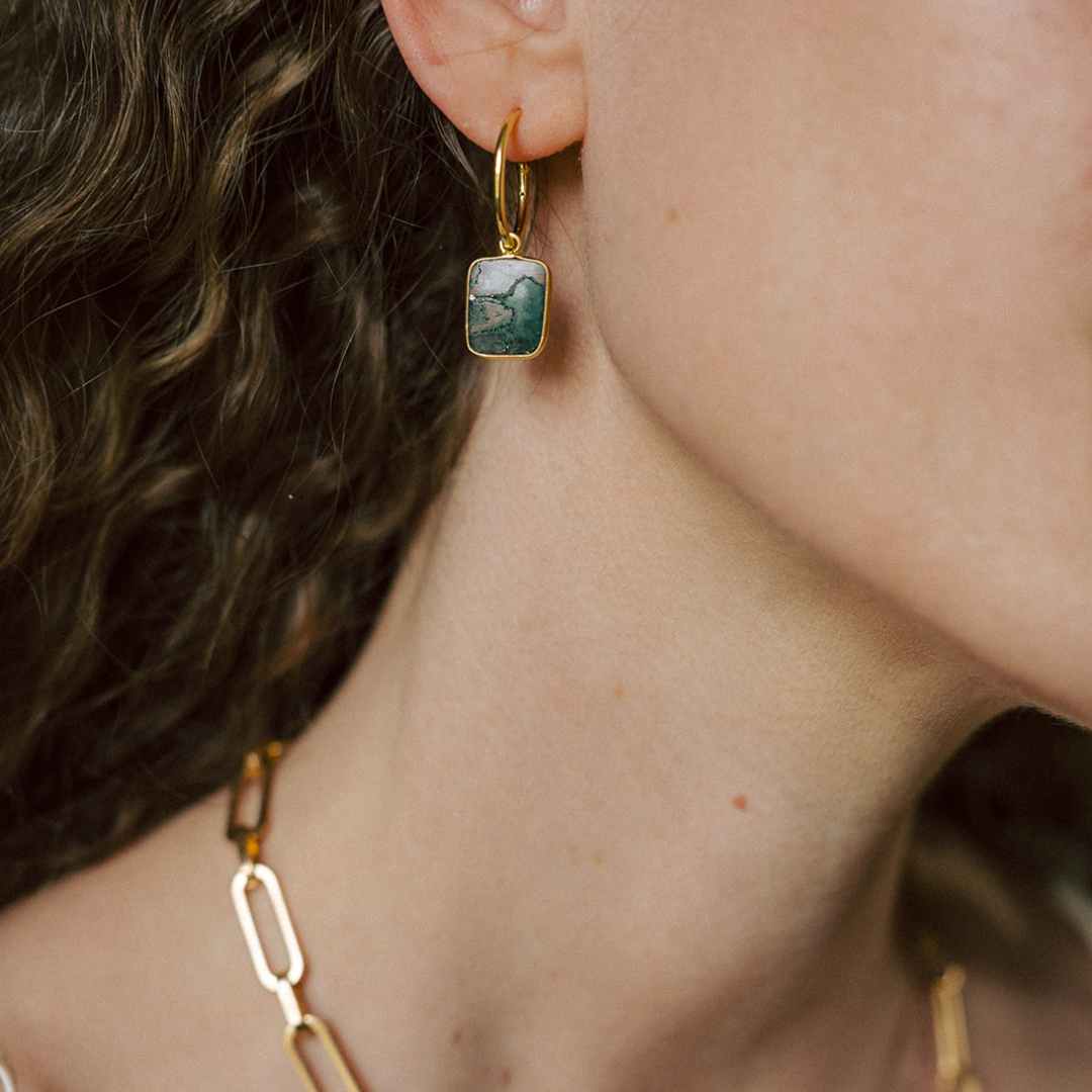 Moss Agate Gem Slice Hoop Earrings | New Beginnings (Gold Fill)