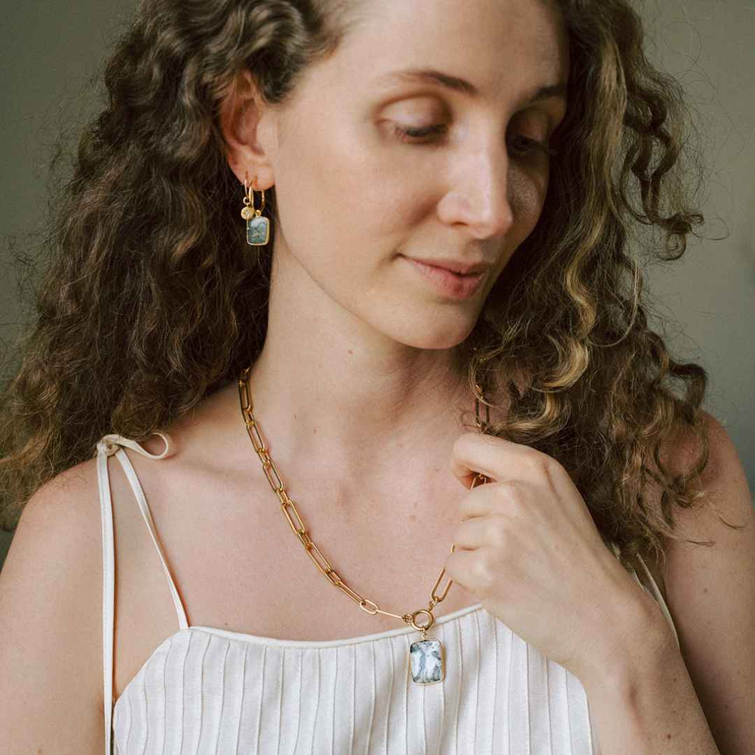 Moss Agate Large Gem Slice Chunky Chain Necklace | New Beginnings (Gold Plated)