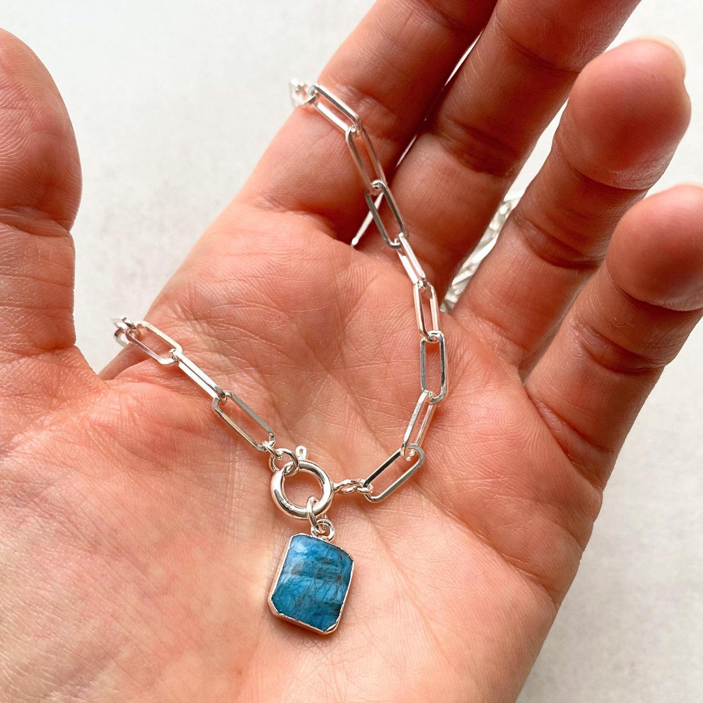 Neon Apatite Gem Slice Chunky Chain Necklace | Dream (Silver)