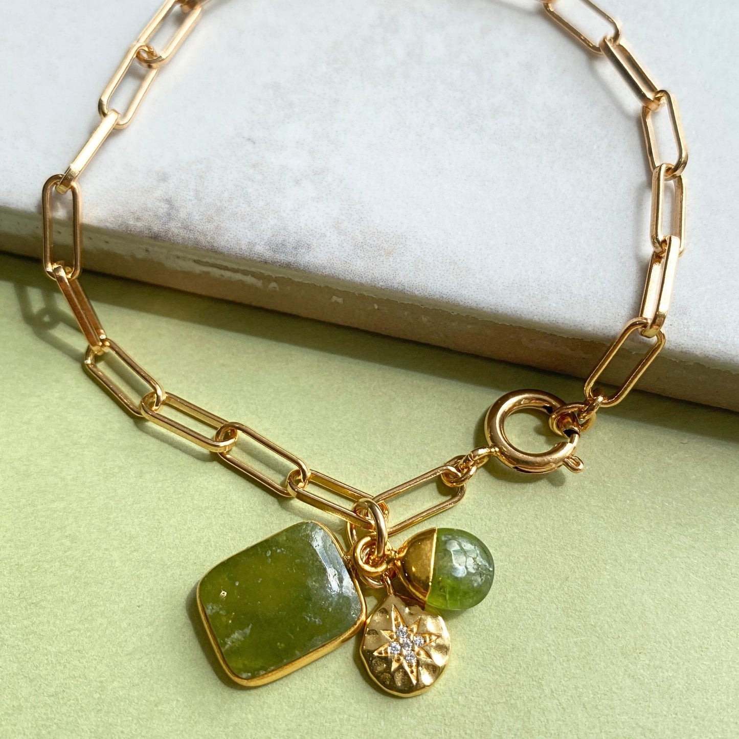 Peridot Gem Slice Triple Chunky Chain Bracelet | Wellbeing (Gold Plated)