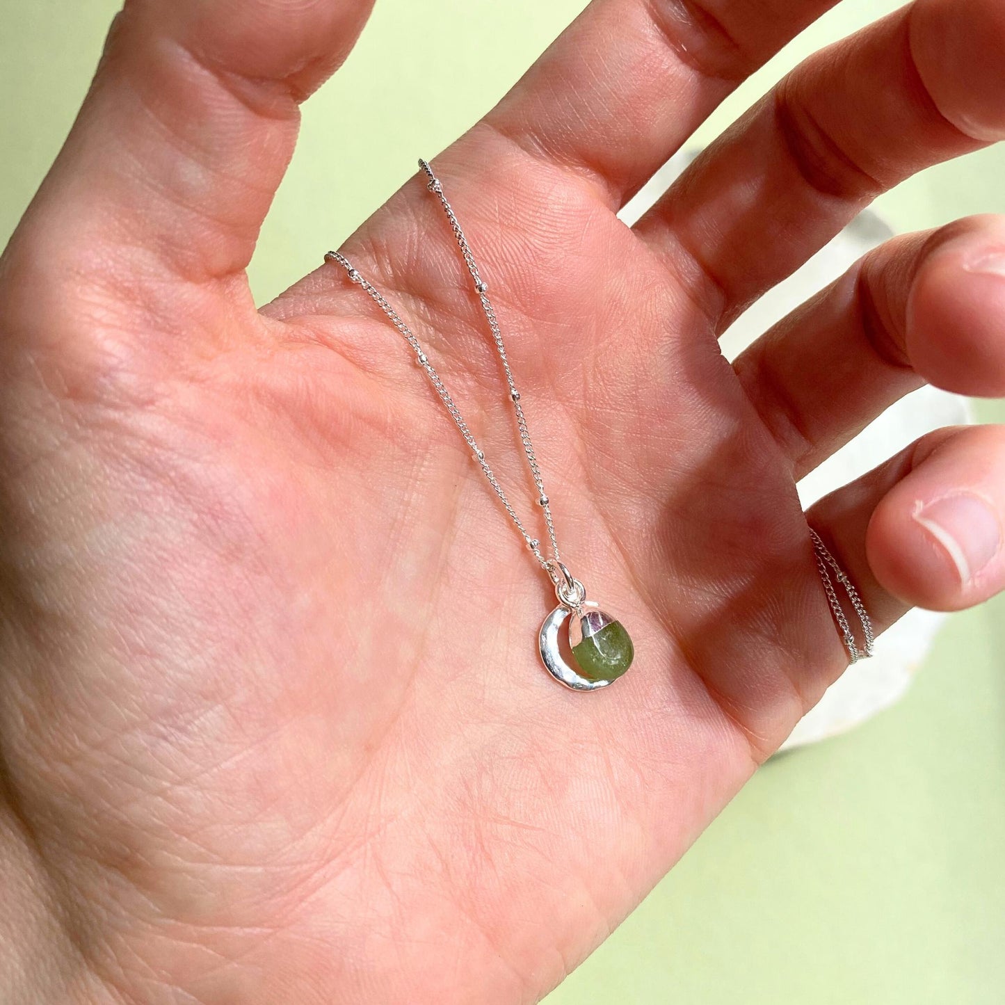 Peridot Tumbled & Moon Necklace | Wellbeing (Silver)