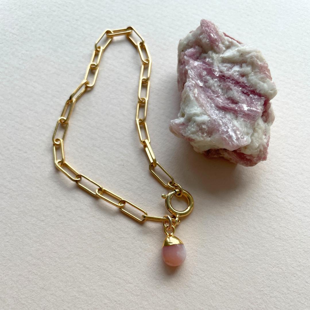 Pink Opal Tiny Tumbled Chunky Chain Bracelet | Love & Hope (Gold Plated)