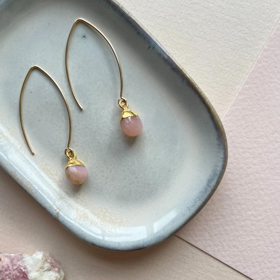 October Birthstone | Pink Opal Tiny Tumbled Dropper Earrings (Gold)