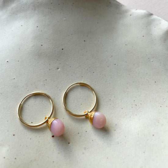 October Birthstone | Pink Opal Tiny Tumbled Hoop Earrings (Gold)
