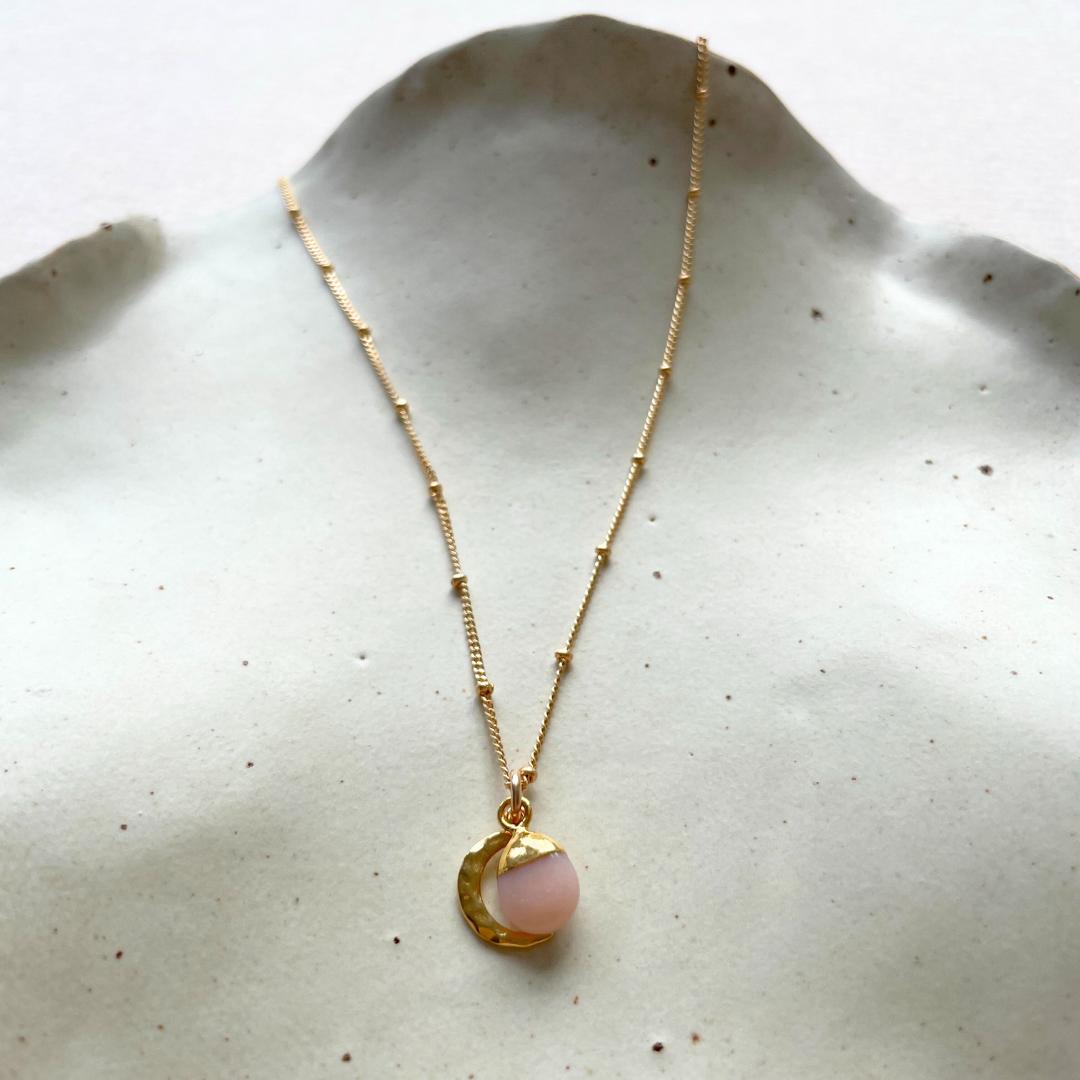 Pink Opal Tumbled & Moon Necklace | Love & Hope (Gold Plated)
