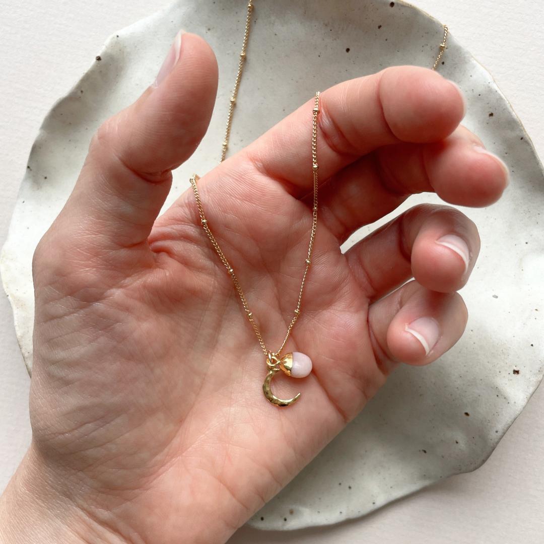 Pink Opal Tumbled & Moon Necklace | Love & Hope (Gold Plated)